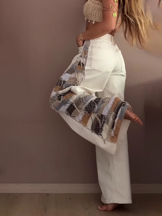 Boho Patchwork Side-Panel Wide-Leg Jeans