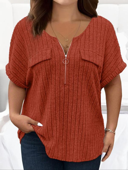 【Plus Size】 Solid Half Zipper Pocket Ribbed Tee