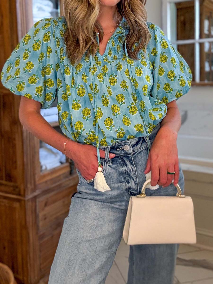 Floral-Print V-Neck Puff-Sleeve Top