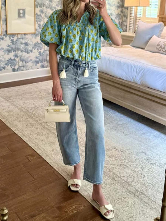 Floral-Print V-Neck Puff-Sleeve Top