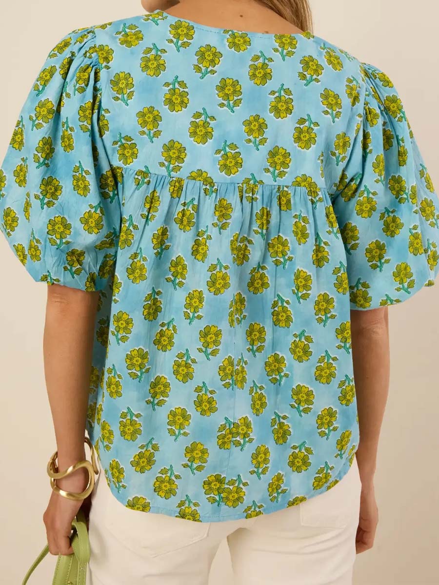 Floral-Print V-Neck Puff-Sleeve Top