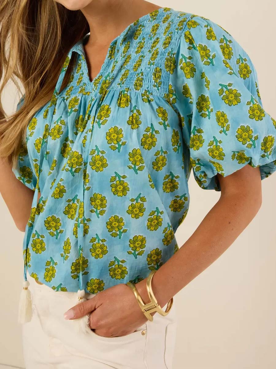 Floral-Print V-Neck Puff-Sleeve Top
