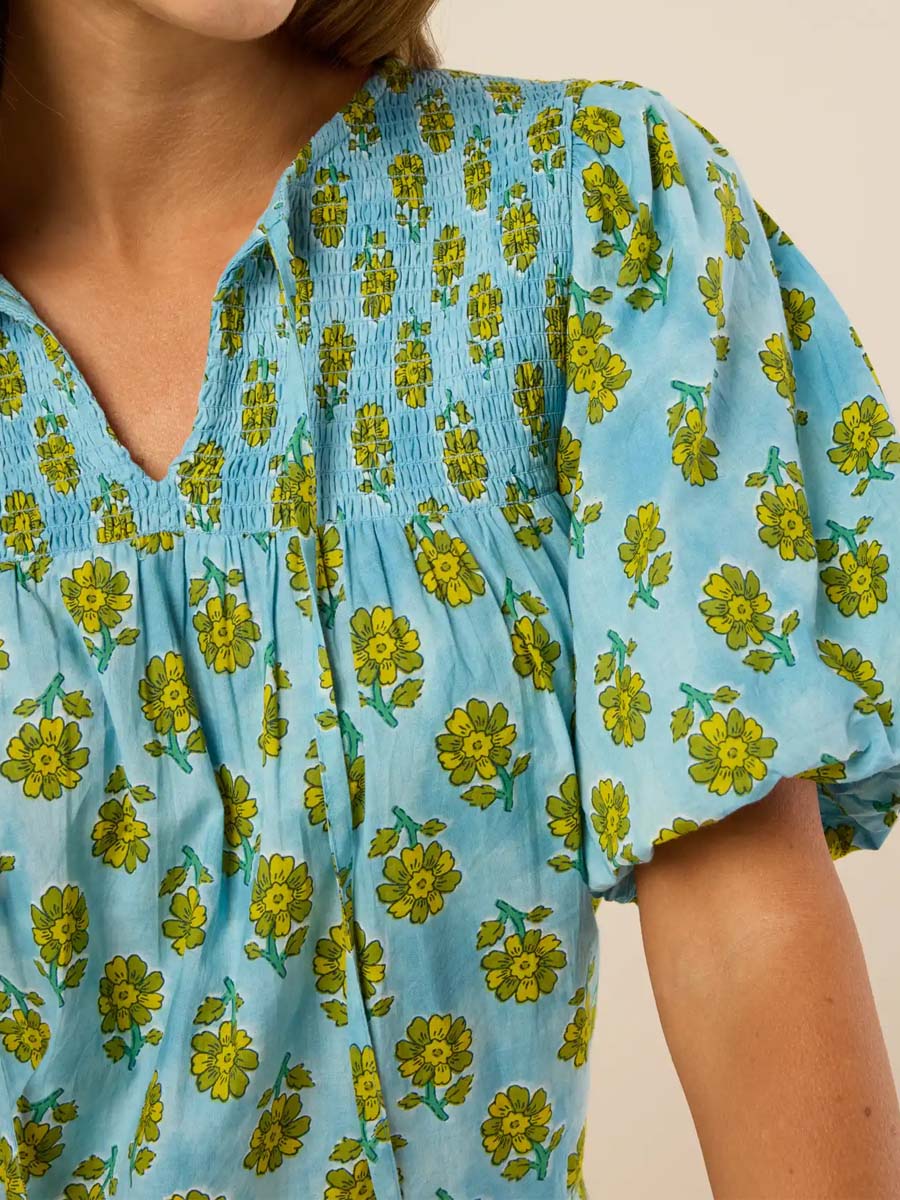 Floral-Print V-Neck Puff-Sleeve Top