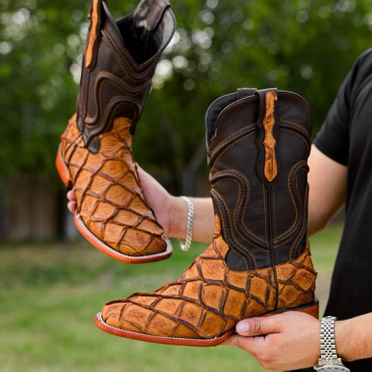 Vintage Distressed Pirarucu Leather Boots - Chunky Square Toe