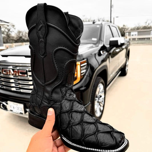 Matte Black Pirarucu Leather Boots-Square Head