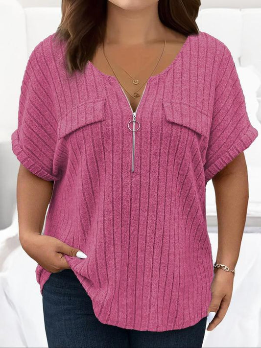 【Plus Size】 Solid Half Zipper Pocket Ribbed Tee