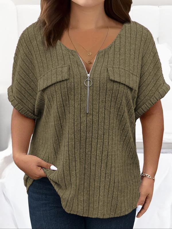 【Plus Size】 Solid Half Zipper Pocket Ribbed Tee
