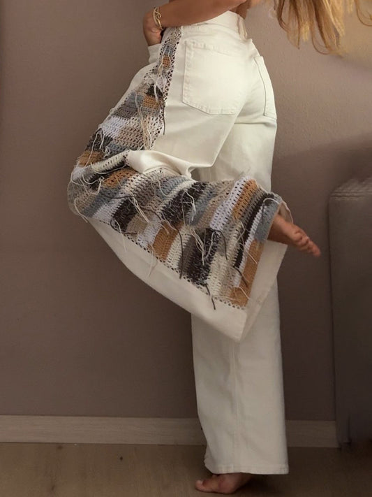 Boho Patchwork Side-Panel Wide-Leg Jeans