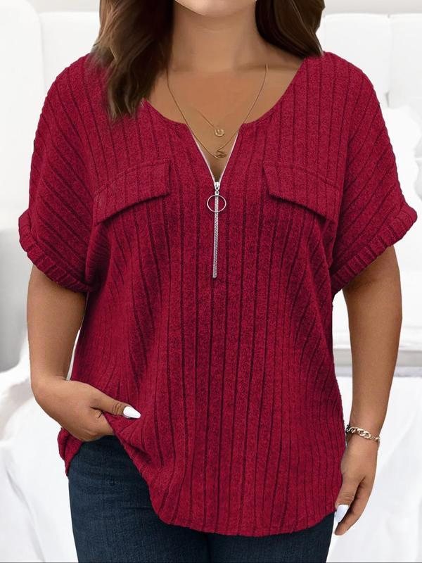 【Plus Size】 Solid Half Zipper Pocket Ribbed Tee