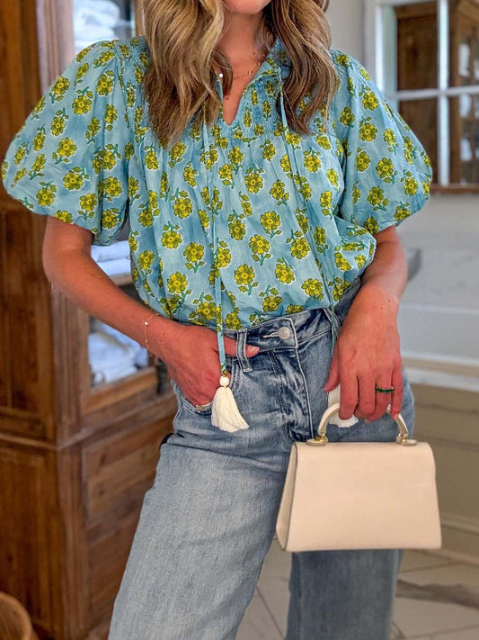 Floral-Print V-Neck Puff-Sleeve Top