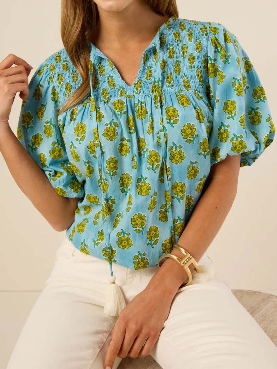 Floral-Print V-Neck Puff-Sleeve Top