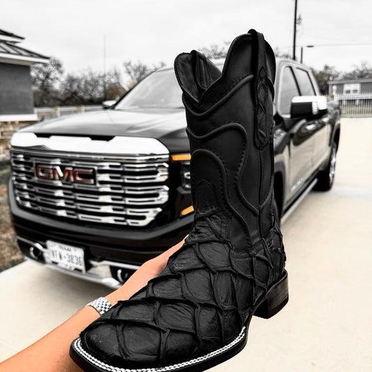 Matte Black Pirarucu Leather Boots-Square Head