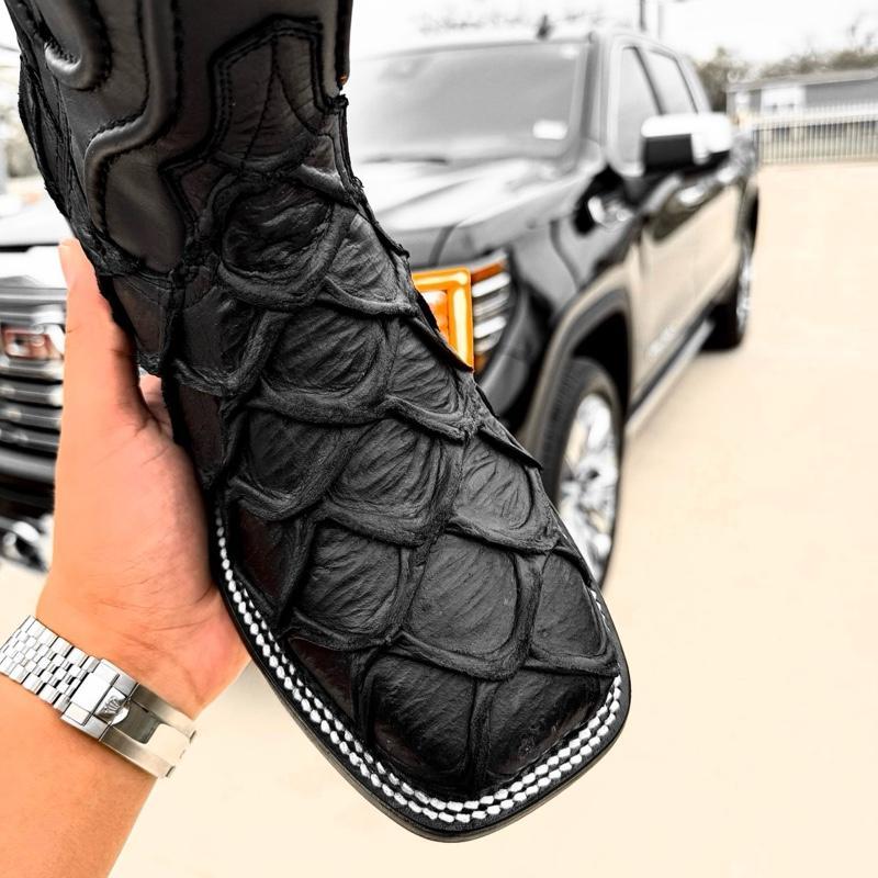 Matte Black Pirarucu Leather Boots-Square Head