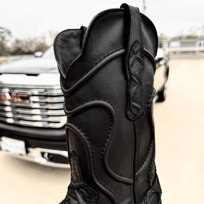 Matte Black Pirarucu Leather Boots-Square Head
